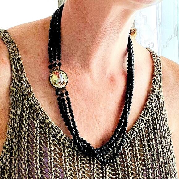 VTG 1950s Glass bead Double Strand Necklace Ceramic Closure Germany Collectable - Picture 1 of 10